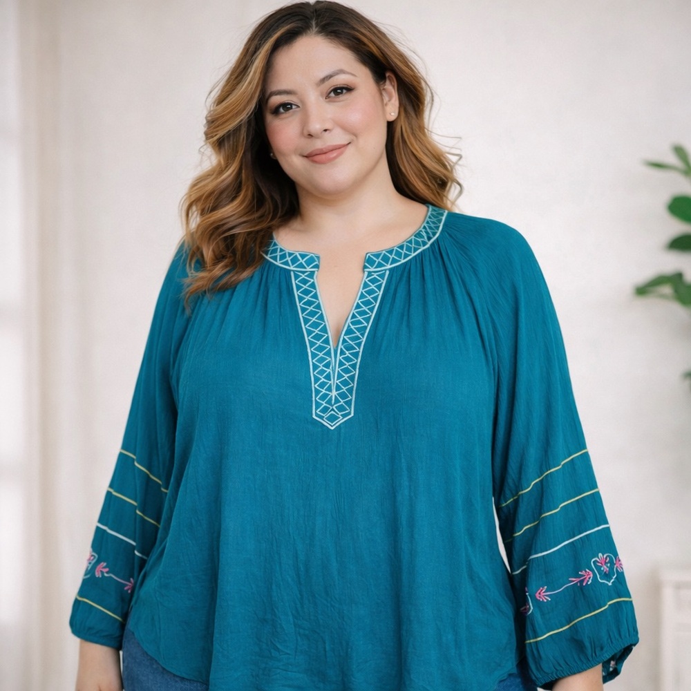 Lane Bryant Blouse Teal Women’s Plus 22 Balloon Sleeve Embroidered Southwestern